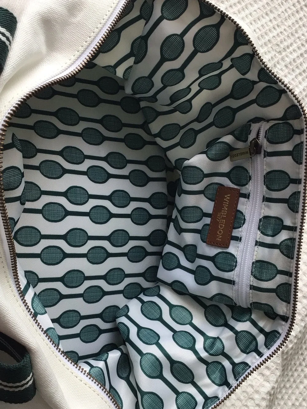 OFFICIAL Wimbledon White Duffel Bag with Green Striped Straps